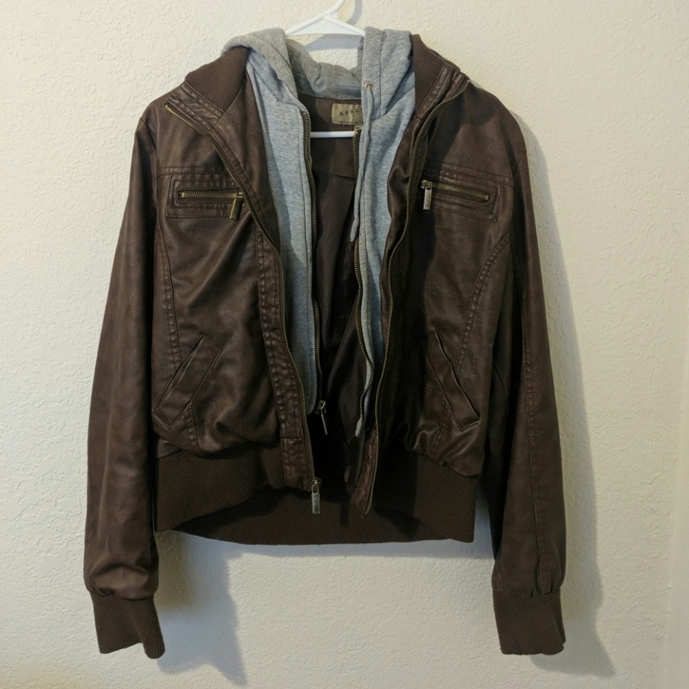 Leather hooded zip up warm jacket